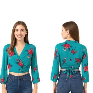 Express Cropped Wrap Top XS Teal Multicolor Floral V-Neck Boho‎ Chic Resortwear